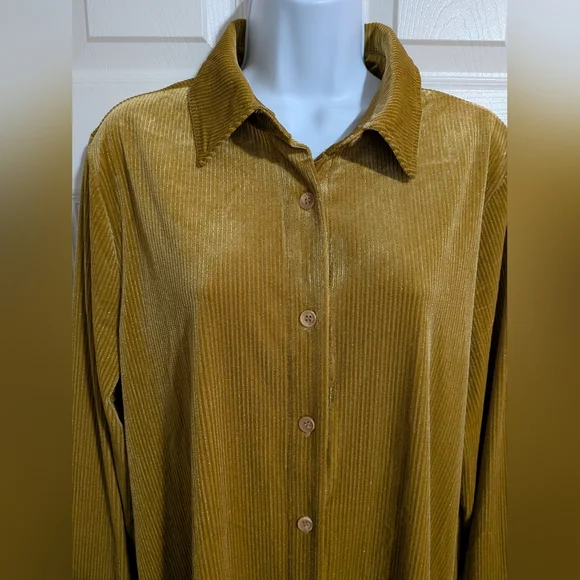 Soft Surroundings Textured Velvet Boyfriend Shirt Women's Large Amber Yellow - Picture 5 of 10